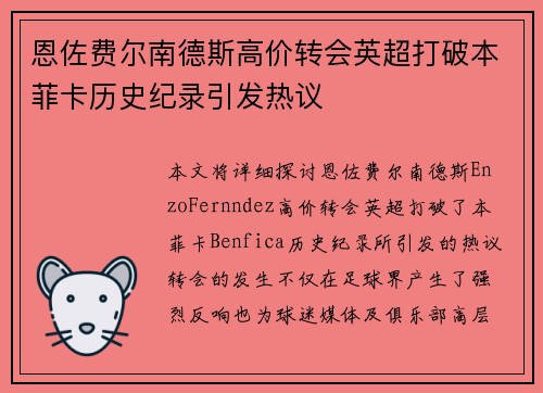 恩佐费尔南德斯高价转会英超打破本菲卡历史纪录引发热议 恩佐费尔南德斯高价转会英超打破本菲卡历史纪录引发热议
