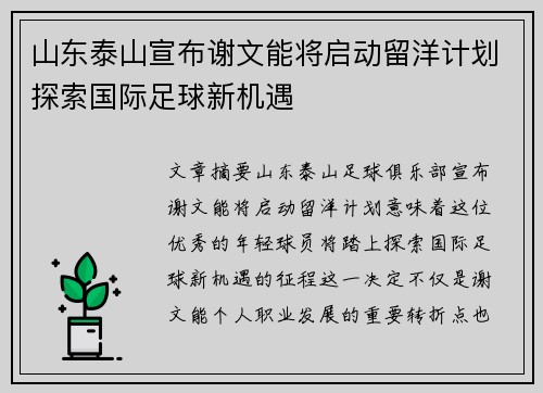 山东泰山宣布谢文能将启动留洋计划探索国际足球新机遇